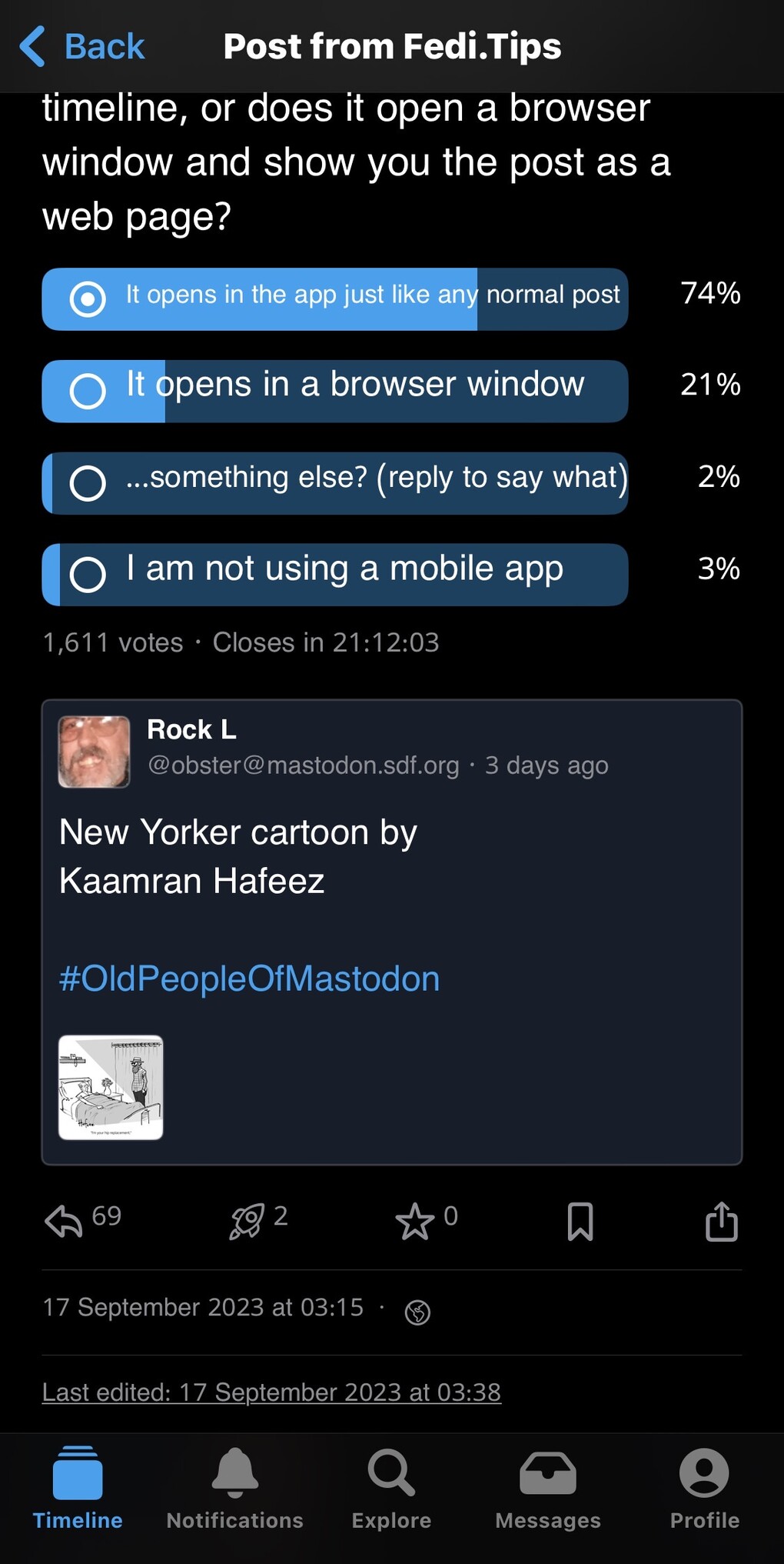 Screen grab of Ice Cubes app, showing the linked root embedded like a retweet.