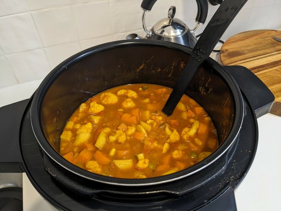 Four litres of vegetable curry in a slow cooker pot
