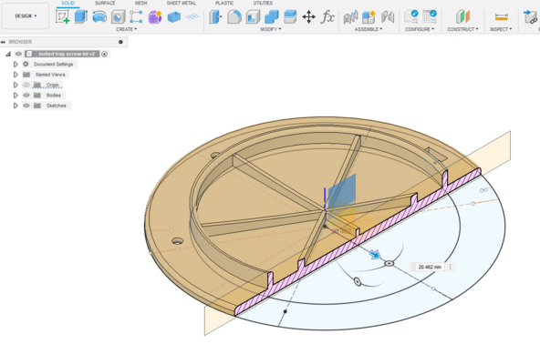 Section analysis stage of a design in Fusion 360, of a cover incorporating ribs