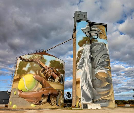 Silo art by SMUG in Arkoona, Victoria celebrating Rory Klinge