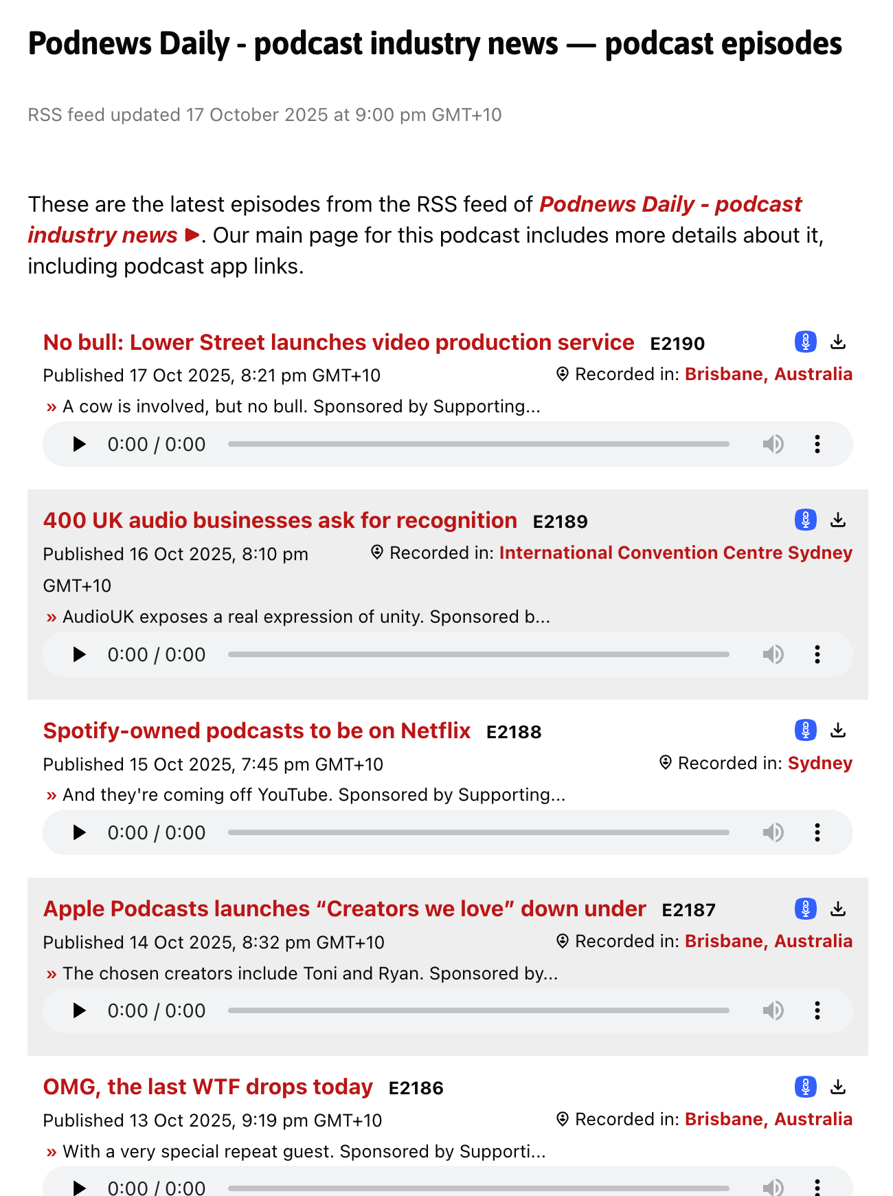 A screengrab of a list of podcast episodes with creator locations. I've been recently to Sydney, so you can see where I recorded.