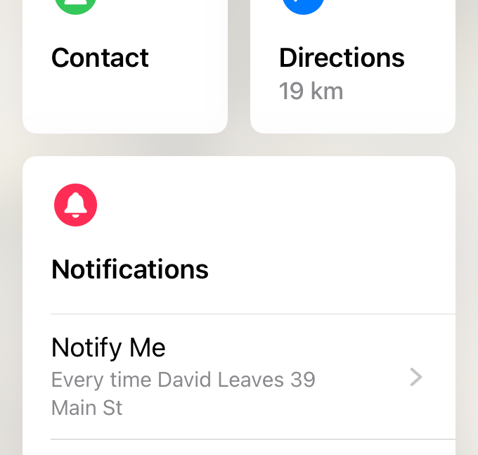 A snip from ios Find Friends showing a Notification on a contact