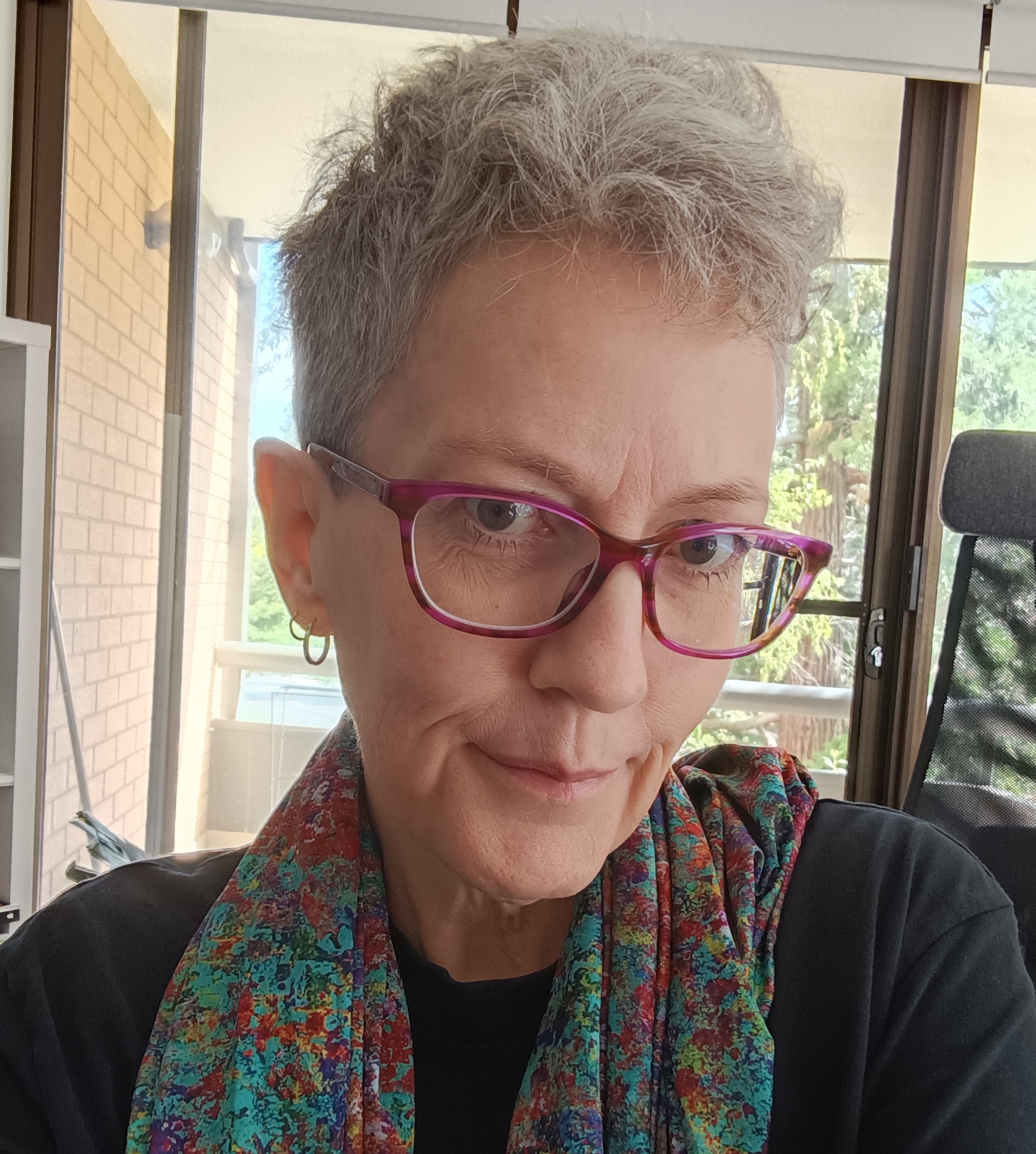You're looking at a headshot of me, Caity, an older white woman with short grey hair, purple glasses, and a thin face. I'm wearing a colourful scarf and a black t-shirt, looking slightly to the right.